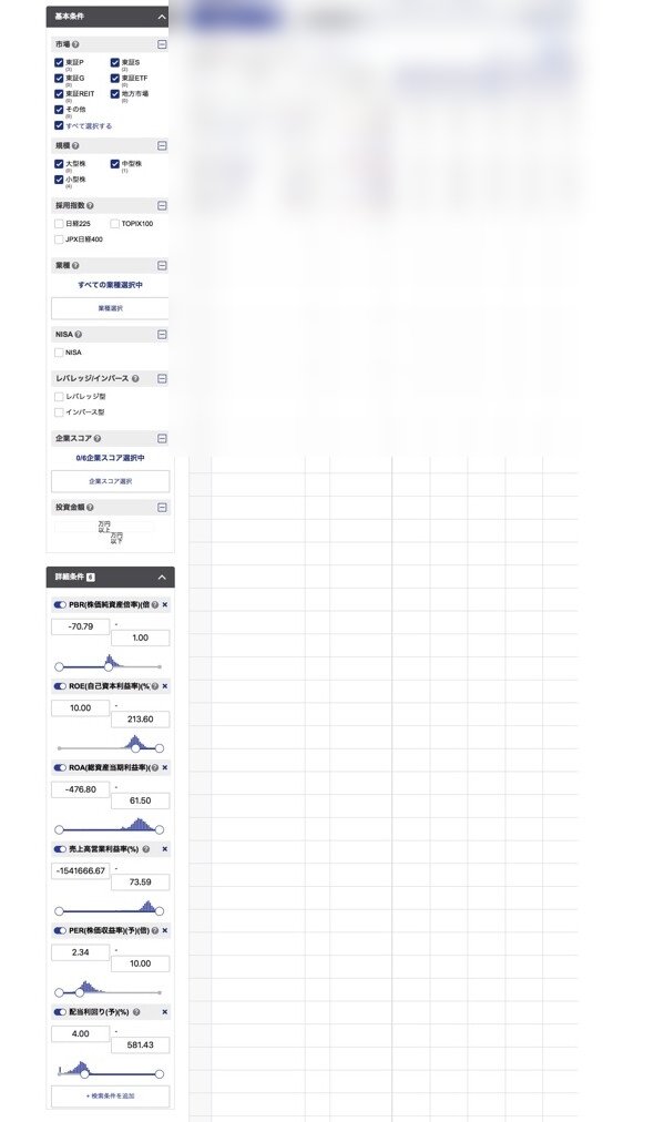 SBI証券の国内株式スクリーナーの詳細条件設定画面。PBR、ROE、ROA、売上高営業利益率、PER、配当利回りの数値を指定している